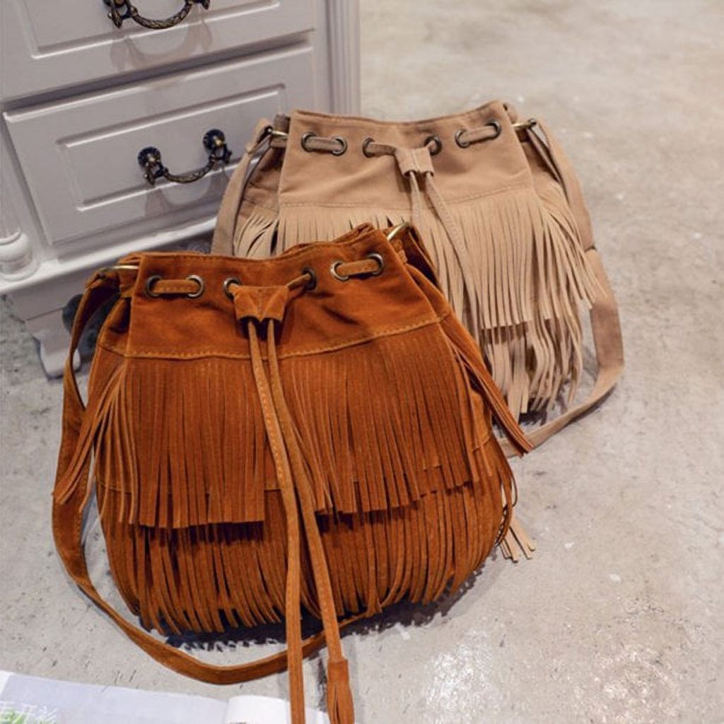 Brown suede bucket bag